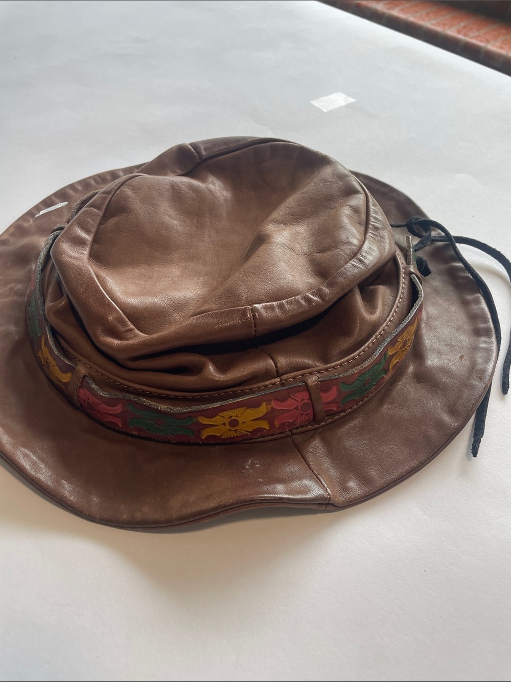 Vintage 70’s Brown Leather Hat with Multicolor Floral Trim - Picture 13 of 13